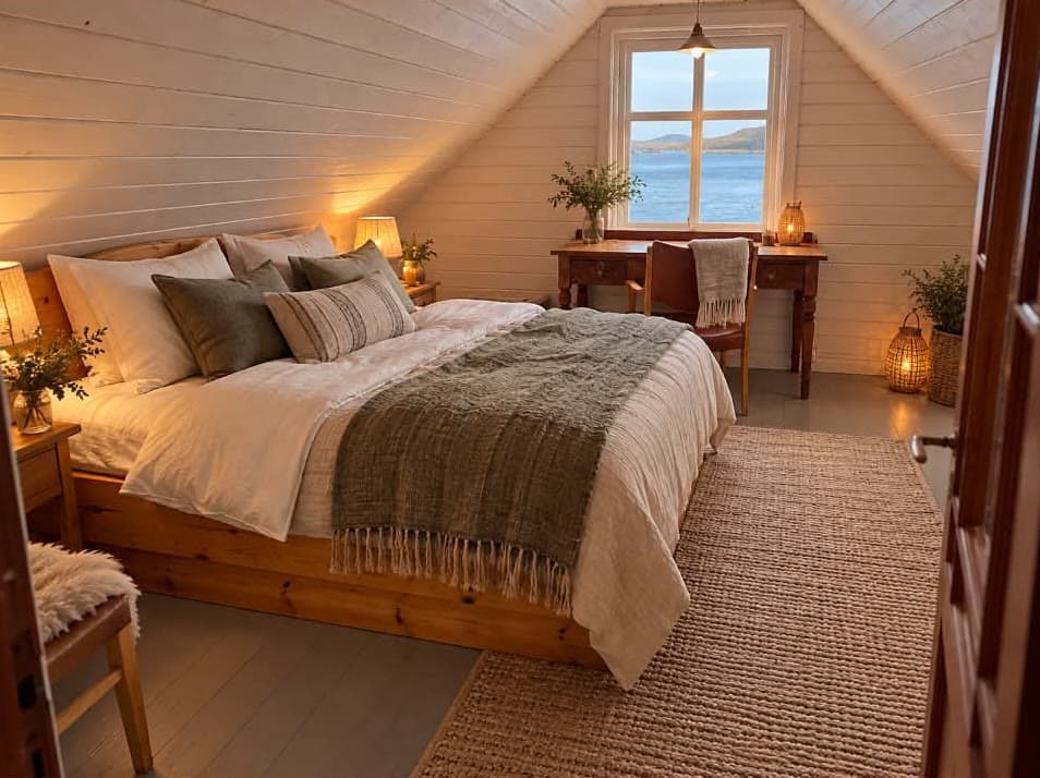 A bedroom under a sloping white-panelled ceiling, a wide wooden bed with a green throw and a window onto the sea