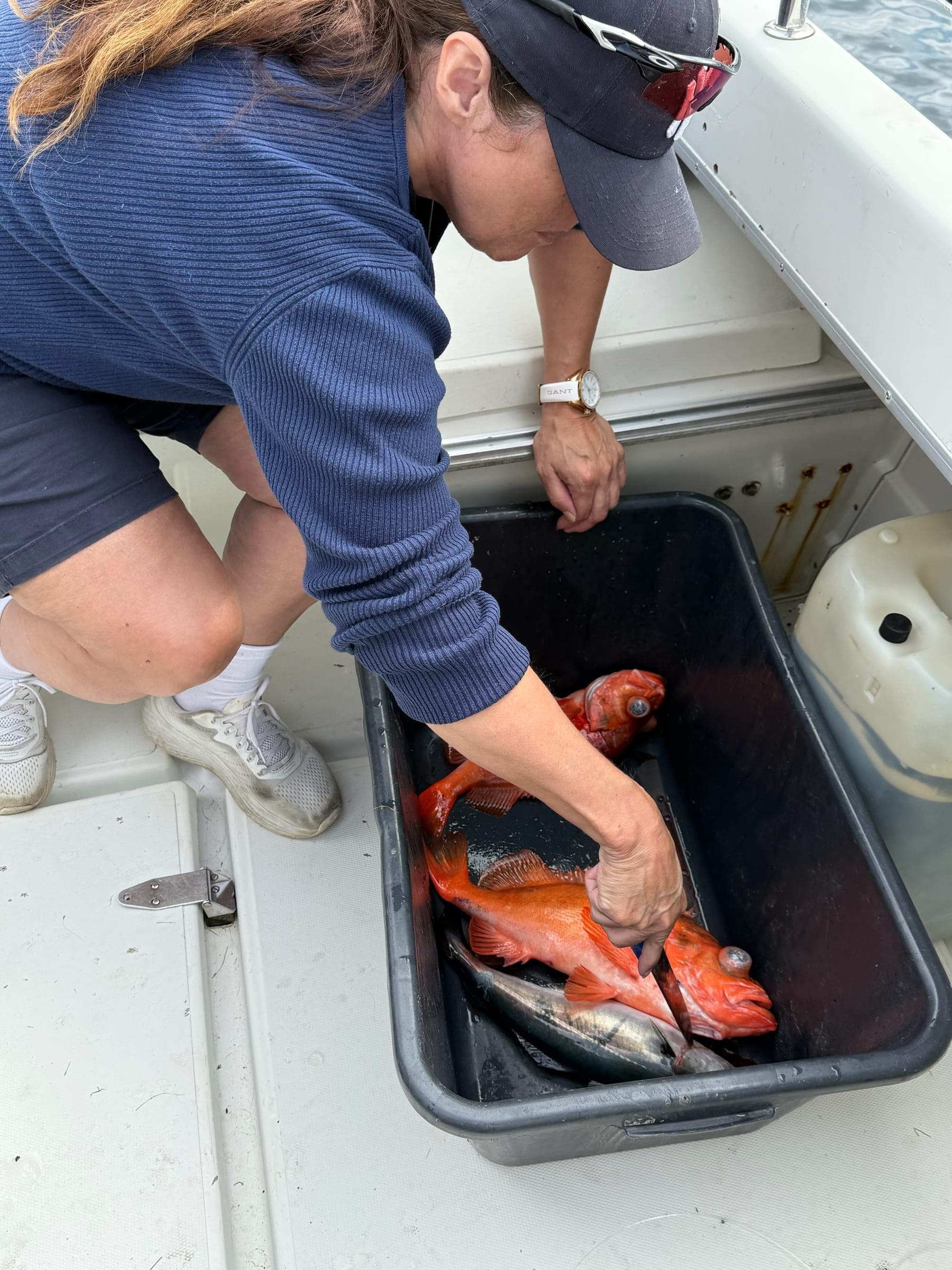 A guest sorting the day's catch — redfish and mackerel — in the boat