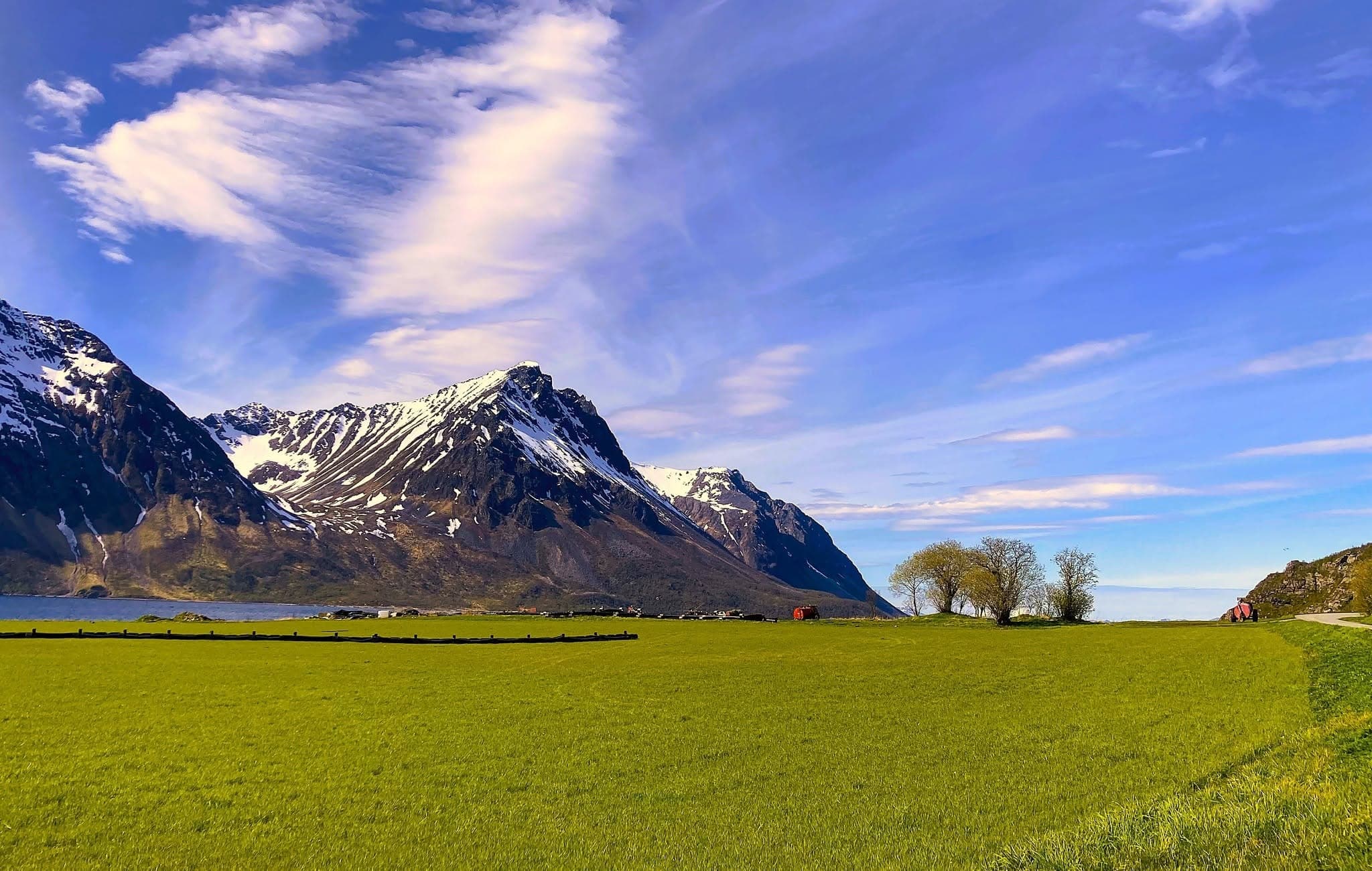 A bright green field below sharp mountains still streaked with snow, under a wide blue sky